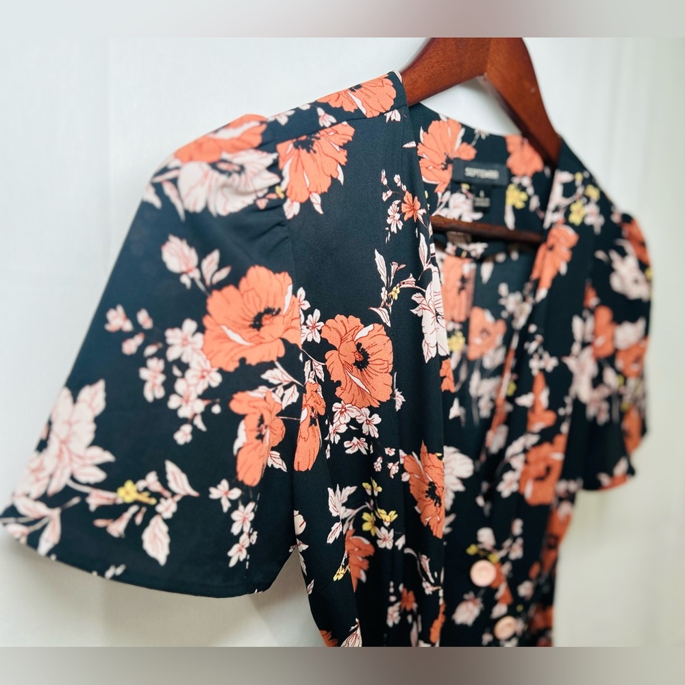 September the shop Vibrant Floral Faux Wrap Dress Lrg Asymmetrical Button Up - Picture 5 of 11